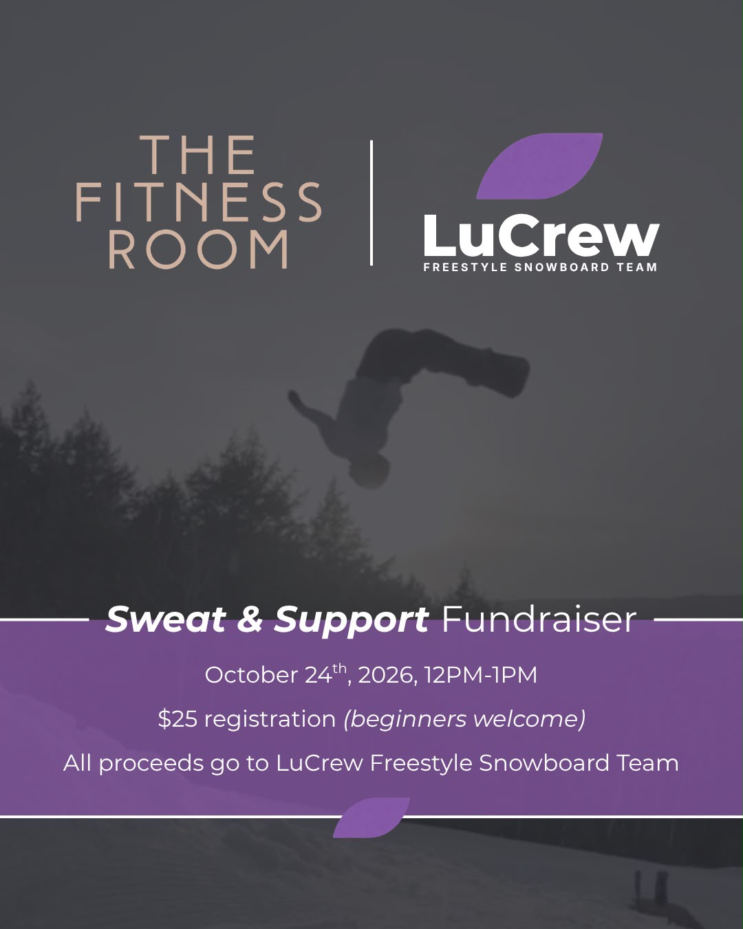 Sweat & Support fundraiser at The Fitness Room, October 24, 2026, 12–1 PM. $25 registration; beginners welcome.